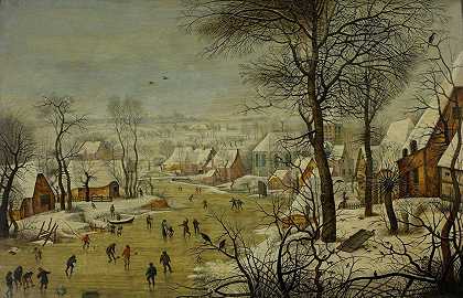 冬季景观与鸟类陷阱`Winter landscape with a bird trap by Pieter Brueghel The Younger