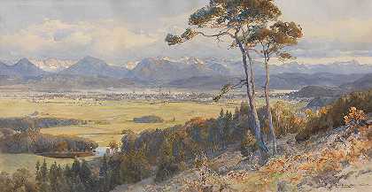 卡拉万肯山脉前的克拉根福风景`Blick auf Klagenfurt vor den Bergzügen der Karawanken (1912) by Edward Theodore Compton
