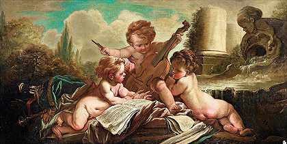 小鸟儿，小音乐家`Les Petits Oiseleurs, Les Enfants Musiciens by François Boucher