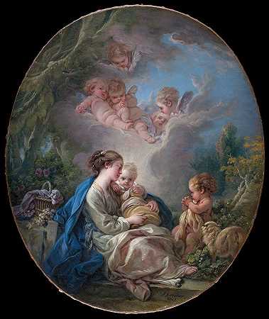 女子和孩子与年轻的圣约翰和天使`Virgin and Child with the Young Saint John the Baptist and Angels (1765) by François Boucher