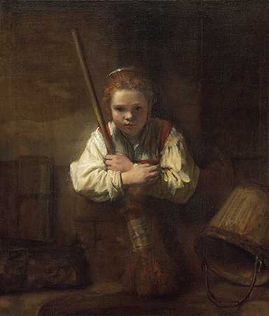 拿着扫帚的女孩`A Girl with a Broom (1646~1651) by Rembrandt van Rijn