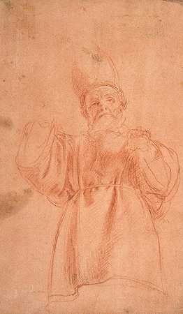 双臂高举、头戴双角头饰的牧师`Priest with Upraised Arms Wearing a Two~Horned Tiara (1575–1633) by Tanzio da Varallo