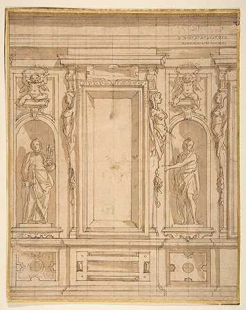 墙壁立面图，带有窗户和壁龛中的圣约翰浸信会和圣彼得雕像`Wall Elevation with a Window and Statues of Saint John the Baptist and Saint Peter in Niches (1556–1641) by Lazzaro Tavarone
