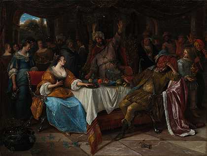 以斯帖、亚哈随鲁和哈曼`Esther, Ahasuerus, and Haman (c. 1668) by Jan Steen