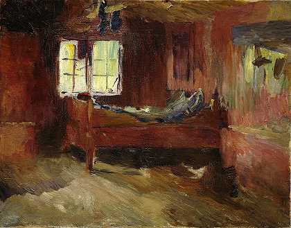 农场屋内，海滩堆。`Farm Interior, Strålsjøhaugen (1893) by Harriet Backer