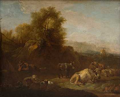 有动物和牧羊人的风景`Landscape with Animals and a Shepherd by Nicolaes Pietersz. Berchem