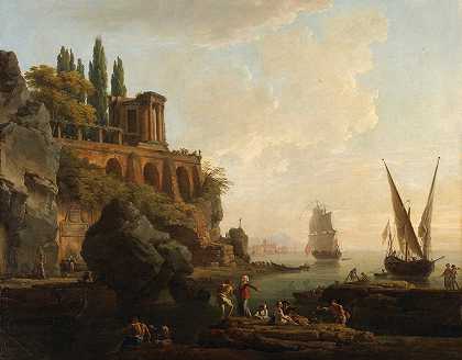 想象中的风景，意大利港口景色`Imaginary Landscape,Italian Harbor Scene (1746) by Claude-Joseph Vernet