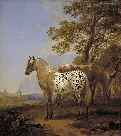 风景中的两匹马`Two Horses in a Landscape (1635 – 1683) by Nicolaes Pietersz. Berchem