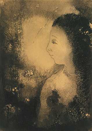 有花的女人的侧面`Profil De Femme Avec Fleurs (circa 1890) by 奥迪隆·雷东
