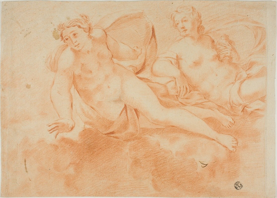 两个云端裸体女性形象`Two Cloud~Borne Nude Female Figures by Carlo Cignani