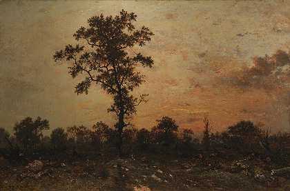 森林边缘，日落`Edge of the Forest, Sun Setting (circa 1845~1846) by Théodore Rousseau