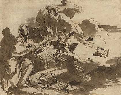父神和崇拜圣母与圣子的天使（雷克托）`God the Father and Angels Adoring the Madonna and Child (recto) (c. 1753) by Giovanni Domenico Tiepolo