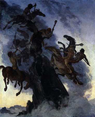 雾中的骑手`Riders in the Mist (1896) by Albert Welti
