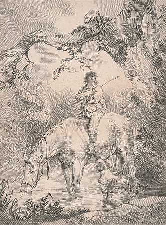 小伙子在溪流中骑着马`Lad astride a horse in a stream by George Morland