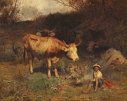 其余的牧童和他的动物`Rast des Hirtenjungen mit seinen Tieren (1866) by Otto Gebler