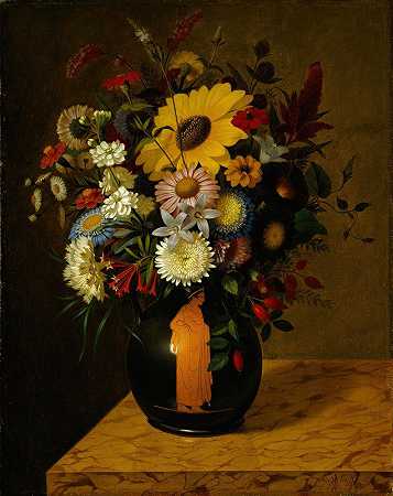 一个带花的古董陶土花瓶`An Antique Terracotta Vase With Flowers (1828) by Adolf Senff