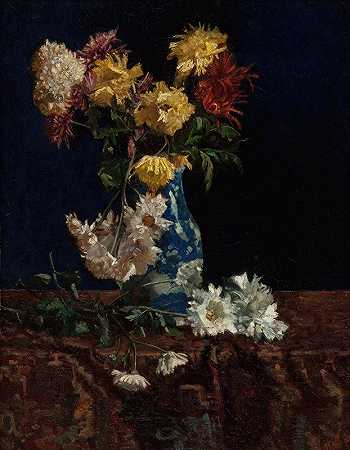 东方花瓶里的菊花静物画`Still Life with Chrysanthemums in an Oriental Vase (circa 1885) by Martha West Bare