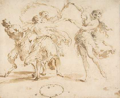 三个跳舞的仙女和一个色狼`Three Dancing Nymphs and a Satyr (1702–88) by Francesco Zuccarelli