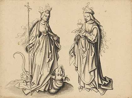 圣玛格丽特和芭芭拉`St. Margarethe and Barbara (1500) by Workshop of Hans Holbein the elder