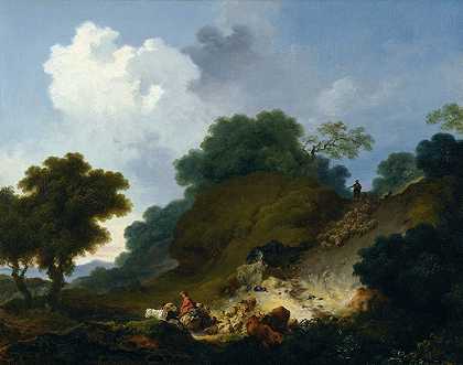 有牧羊人和羊群的风景`Landscape with Shepherds and Flock of Sheep by Jean-Honoré Fragonard