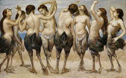 八个穿着鸟身跳舞的女人`Eight dancing women in bird bodies (1886) by Hans Thoma