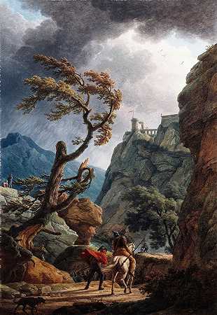 士兵们在山谷中，伴随着暴风雨`Soldiers in a Mountain Gorge, with a Storm (1789) by Claude-Joseph Vernet