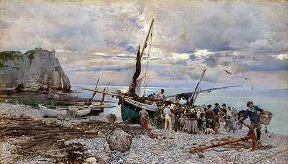归还渔船，埃特雷塔`RETURN OF THE FISHING BOATS, ÉTRETAT (1879) by Giovanni Boldini