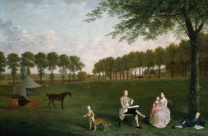 约翰·肖爵士和他的家人在肯特郡埃尔塔姆庄园的公园里`Sir John Shaw and his Family in the Park at Eltham Lodge, Kent (1761) by Arthur Devis