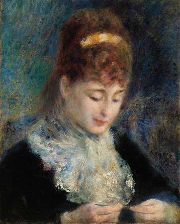 女钩针（女钩针）`Woman Crocheting (Femme faisant du crochet) (c. 1877) by Pierre-Auguste Renoir