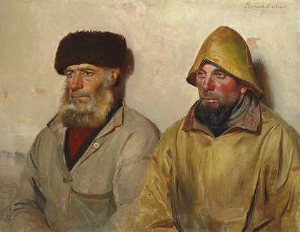 室内有两个渔夫`Interiør med to fiskere by Michael Ancher
