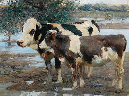 水边两头奶牛`Two Cows By The Water (1900) by Heinrich Von Zügel
