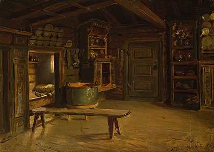 哈林达尔古尔斯维克的农场屋内`Farm Interior from Gulsvik in Hallingdal (1848) by Adolph Tidemand