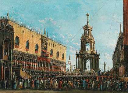 威尼斯公爵宫前的“Giovedi Grasso”节`The ‘Giovedi Grasso’ Festival before the Ducal Palace in Venice by Giuseppe Bernardino Bison