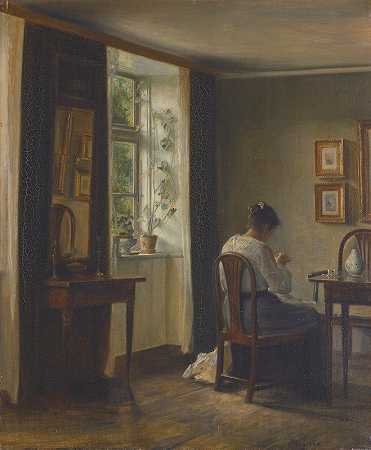 在室内缝纫的女裁缝`Seamstress Sewing In An Interior by Carl Holsøe