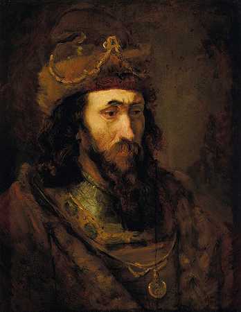 旧约国王的首领`Head of an Old Testament king by Follower of Rembrandt van Rijn