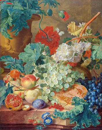 鲜花和水果的静物画`Still Life with Flowers and Fruit (c. 1728) by Jan van Huysum