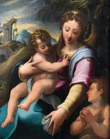 麦当娜和孩子与婴儿圣约翰浸信会`Madonna and Child with the Infant Saint John the Baptist by Girolamo Macchietti