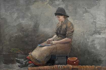 鱼饵线`A Fishergirl Baiting Lines (1881) by Winslow Homer