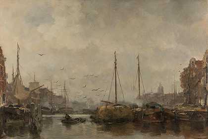 城市景观`Cityscape (c. 1885 ~ c. 1887) by Jacob Maris