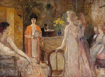 星期二晚上在玛德琳·莱梅尔家。`Un mardi, soirée chez Madeleine Lemaire (1910) by Henri Gervex
