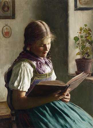 读书姑娘`Lesendes Mädchen by Emil Rau