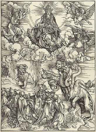 《启示录》中有两只羊角的野兽`The beast with two horns like a lamb, from The Apocalypse (1498) by Albrecht Dürer