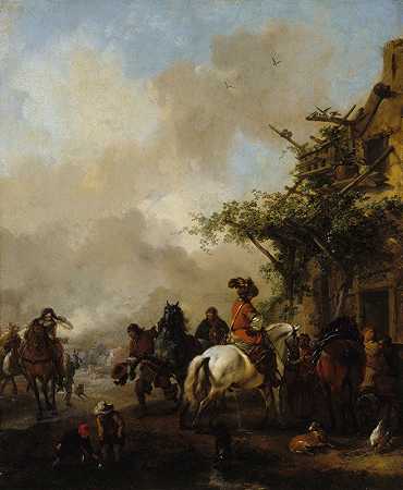 停止骑手`Halte de cavaliers (1639 ~ 1668) by Philips Wouwerman