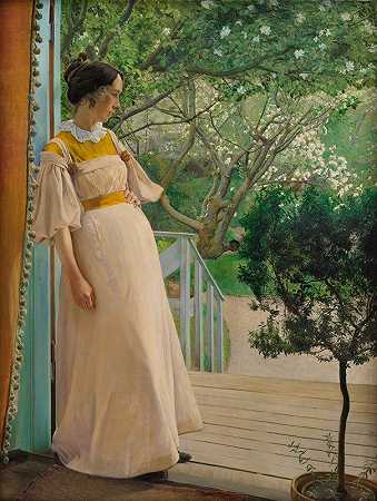 在落地窗。艺术家妻子`At The French Windows. The Artists Wife by L.A. Ring