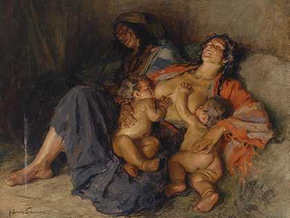 吉普赛人和他们的两个孩子`Zigeunerinnen mit ihren zwei Kindern by Hans Larwin