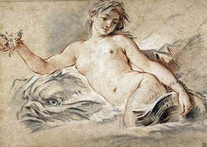 美人鱼躺在海豚身上`Sirène couchée sur un dauphin (1748) by François Boucher