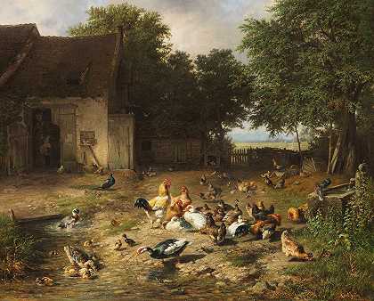 夏季养鸡场`Sommerlicher Hühnerhof (1862) by Carl Jutz The Elder
