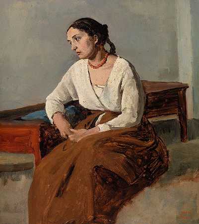 忧郁的意大利女人`Melancholy Italian Woman (1826–1827) by Jean-Baptiste-Camille Corot