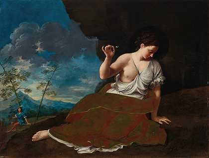 一个年轻的女人拿着一朵花斜倚在风景中，一个年轻的男人在远处`A young woman holding a flower reclining in a landscape, a young man in the distance beyond by Donato Creti