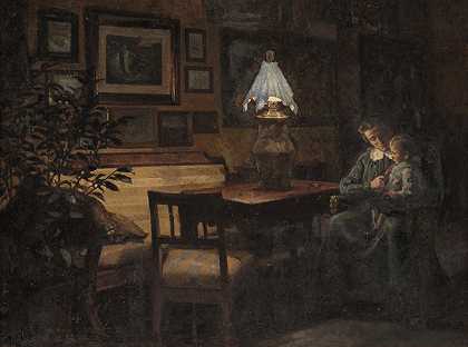 晚上好，妈妈和孩子们。`Afteninteriør. Moder Og Barn (1889 ~ 1907) by Sigurd Wandel